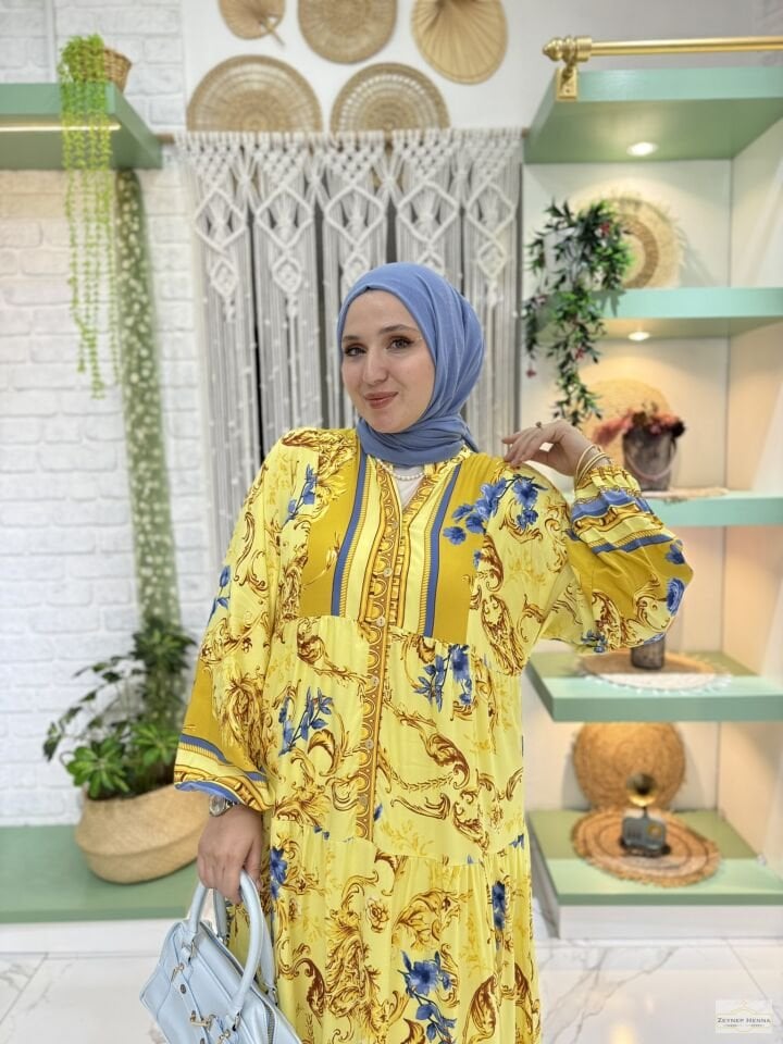 Desenli Sarı Viskon Elbise