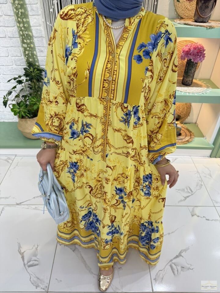 Desenli Sarı Viskon Elbise