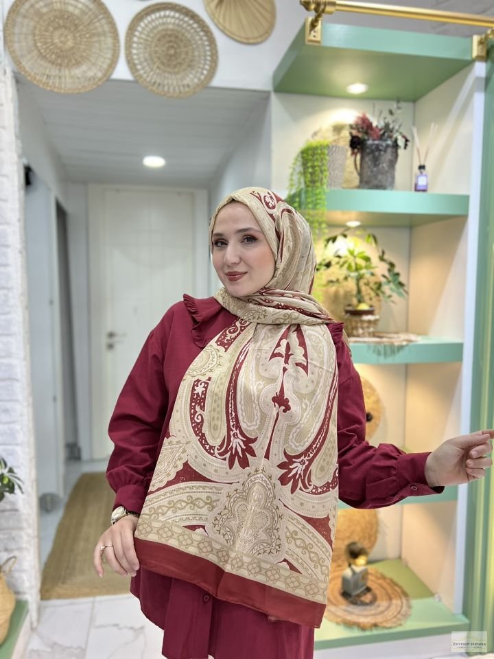 Etnik Gülfem Bordo Pamuk Şal
