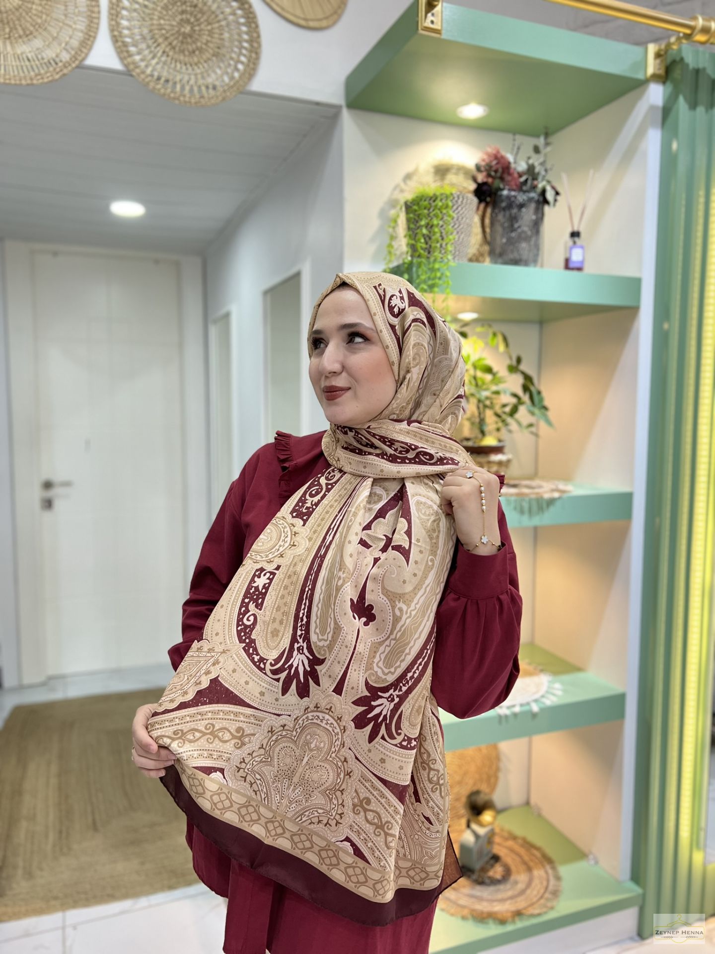 Etnik Gülfem Koyu Bordo Pamuk Şal