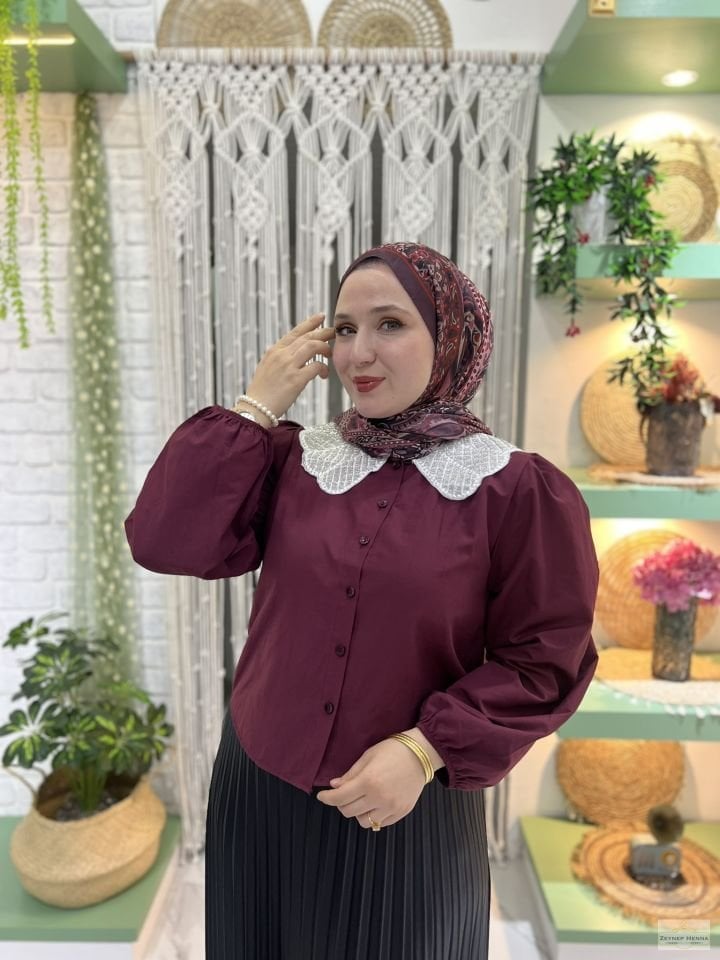 Bebe Yaka Bordo Crop Gömlek