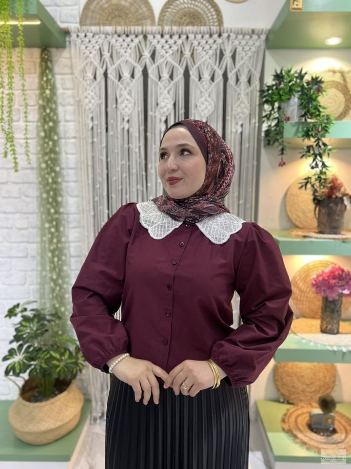 Bebe Yaka Bordo Crop Gömlek