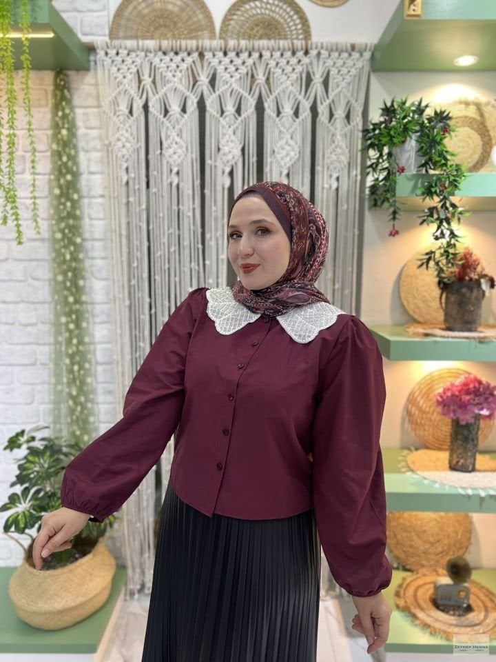 Bebe Yaka Bordo Crop Gömlek
