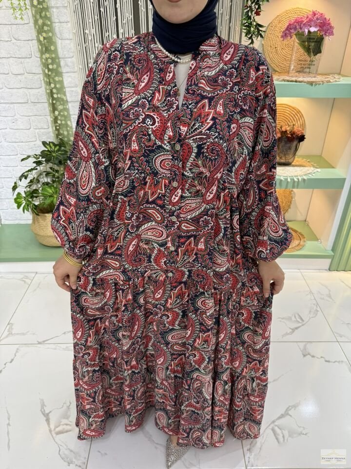 Etnik Desen Kırmızı Elbise