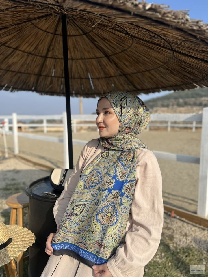 Şila Desen Saks Mavi Pamuk Şal