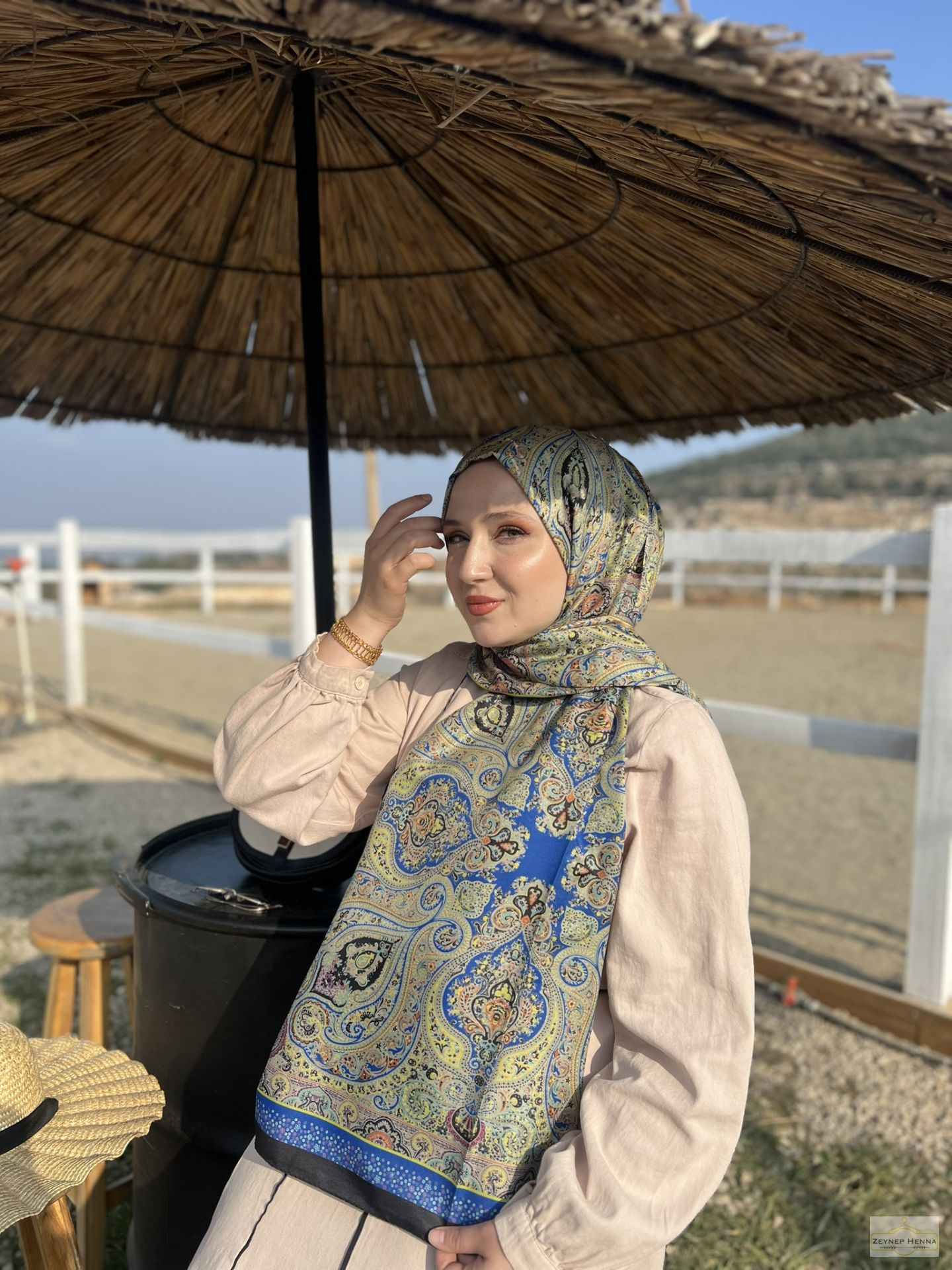 Şila Desen Saks Mavi Pamuk Şal