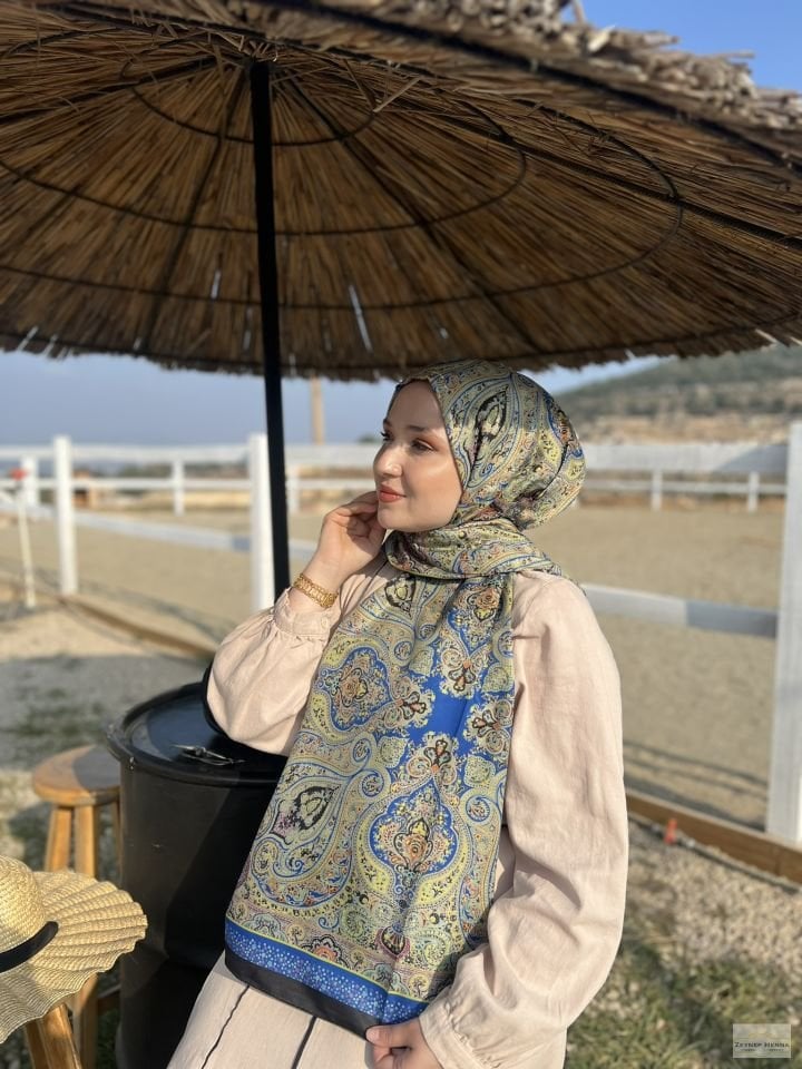 Şila Desen Saks Mavi Pamuk Şal