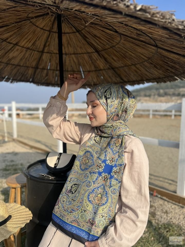 Şila Desen Saks Mavi Pamuk Şal