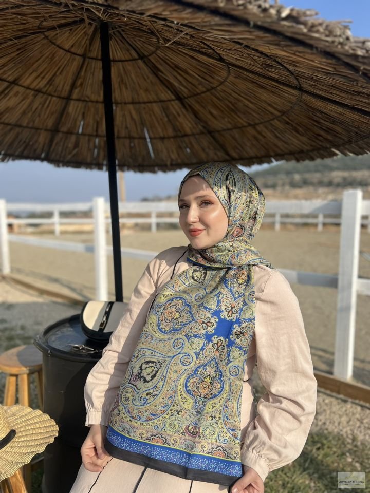 Şila Desen Saks Mavi Pamuk Şal