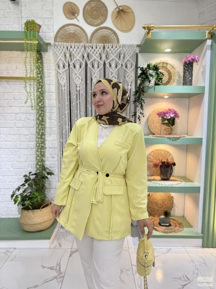 Bağlamalı Sarı Blazer Ceket