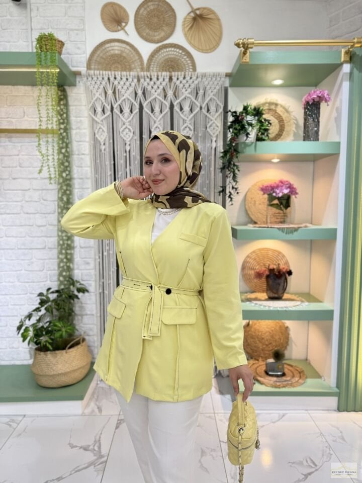 Bağlamalı Sarı Blazer Ceket