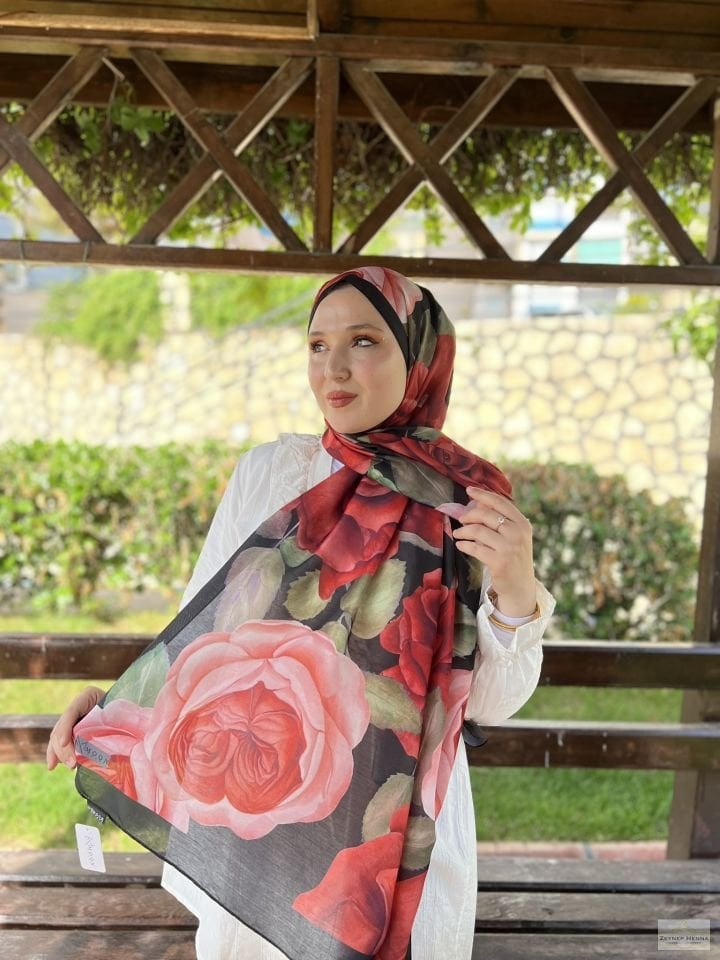 Gül Desen Kırmızı Pamuk Şal