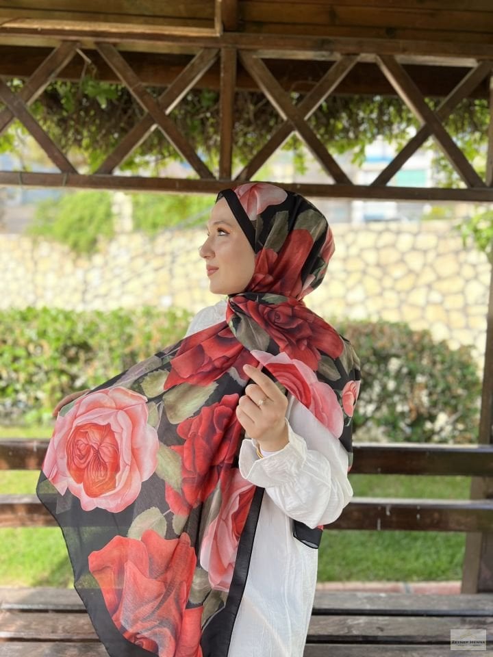Gül Desen Kırmızı Pamuk Şal
