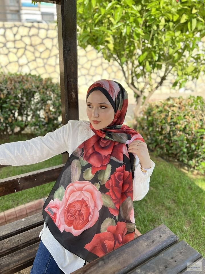 Gül Desen Kırmızı Pamuk Şal