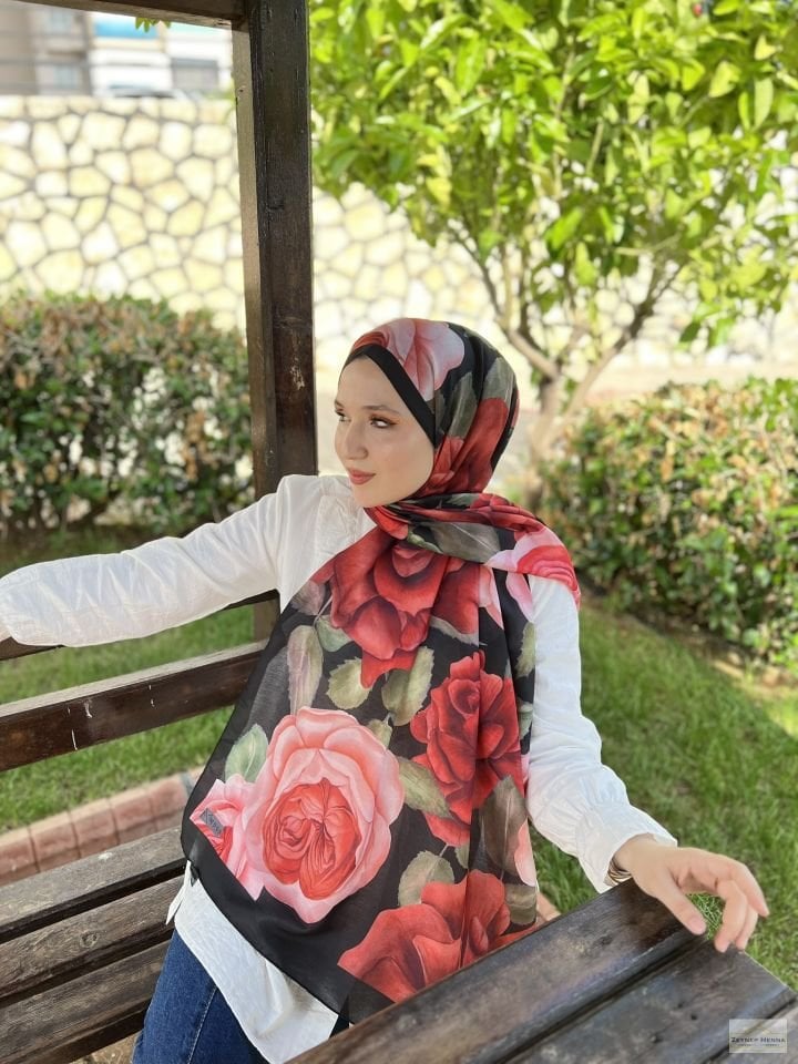 Gül Desen Kırmızı Pamuk Şal