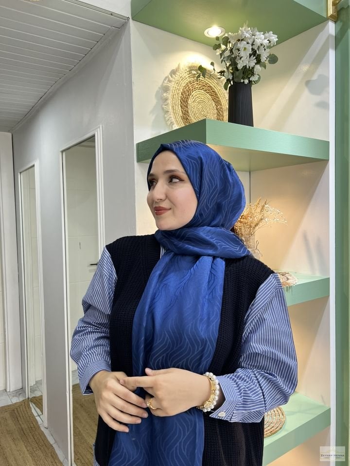 Rüya Saks Mavi Pamuk Jakar Şal