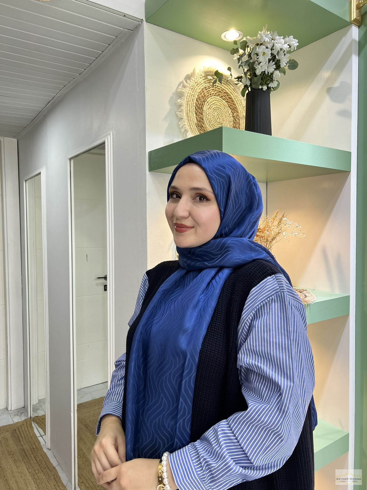 Rüya Saks Mavi Pamuk Jakar Şal