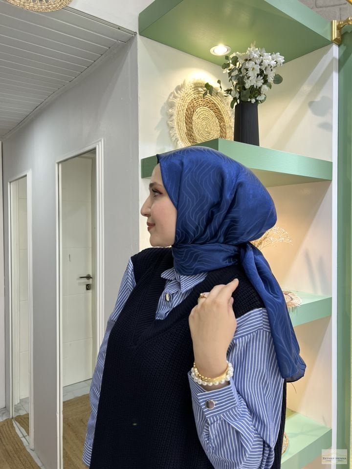 Rüya Saks Mavi Pamuk Jakar Şal