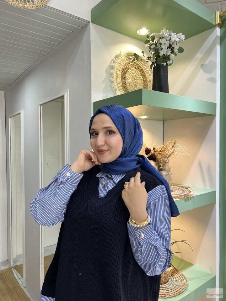 Rüya Saks Mavi Pamuk Jakar Şal