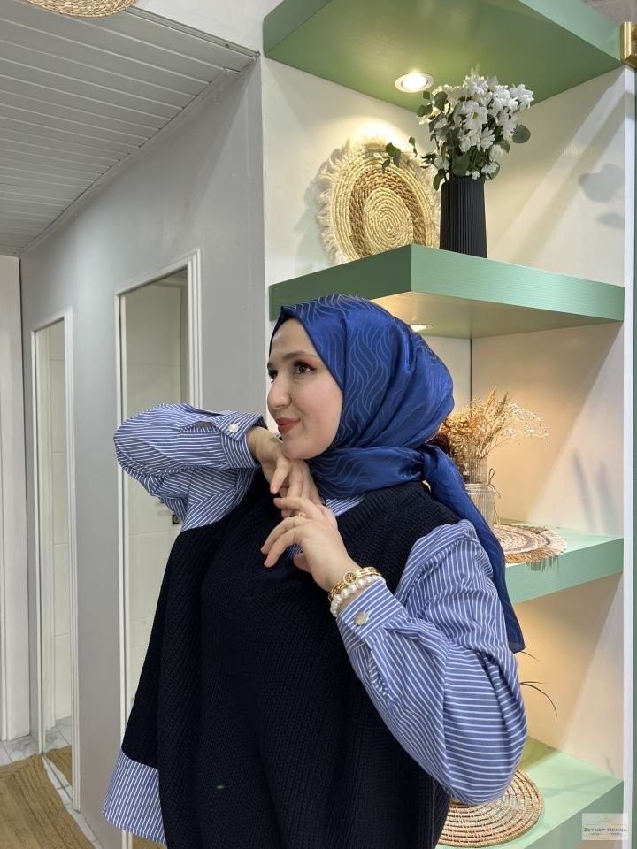 Rüya Saks Mavi Pamuk Jakar Şal
