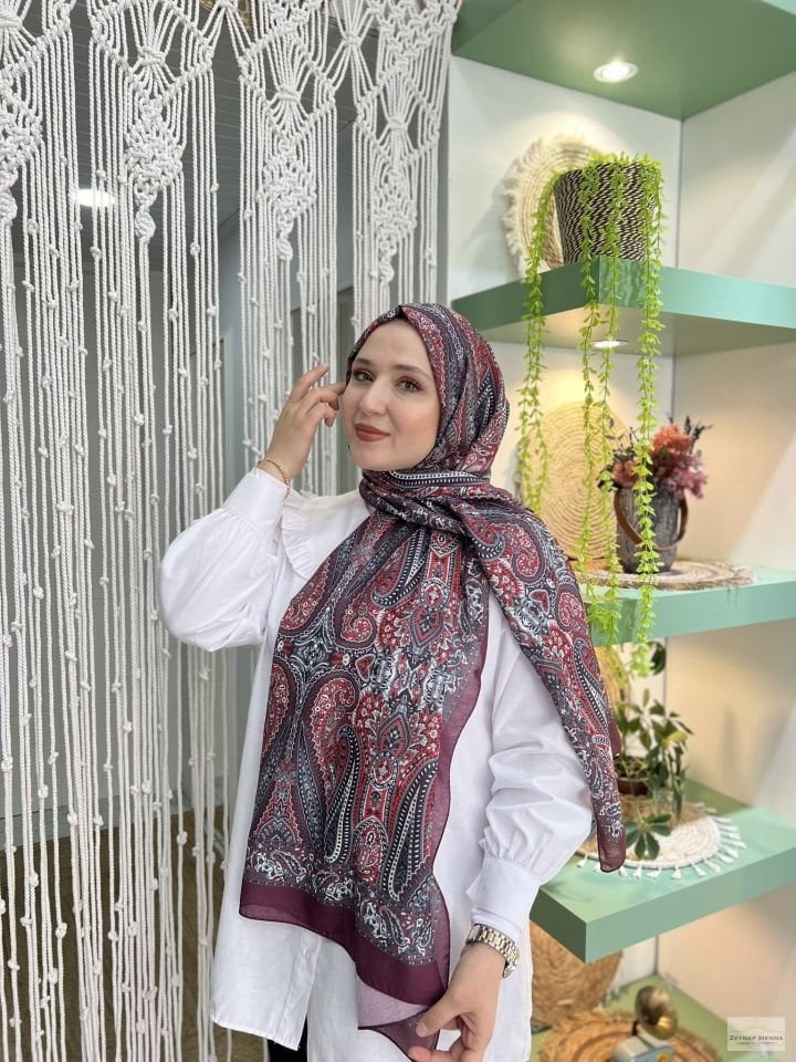 Firuze Desen Kırmızı Pamuk Şal