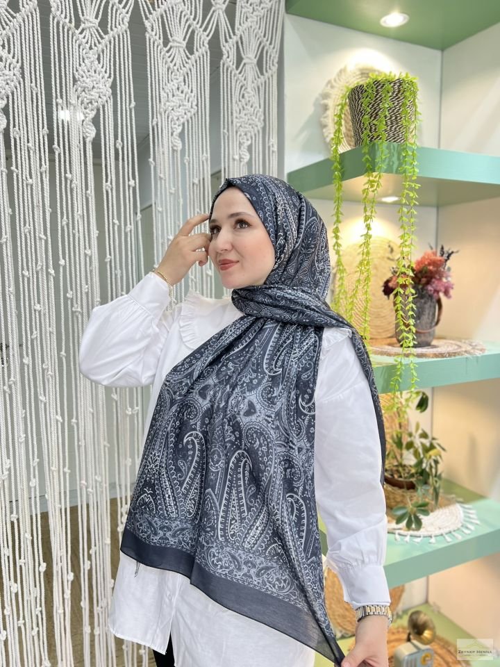 Firuze Desen Siyah Pamuk Şal