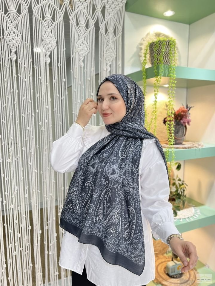 Firuze Desen Siyah Pamuk Şal