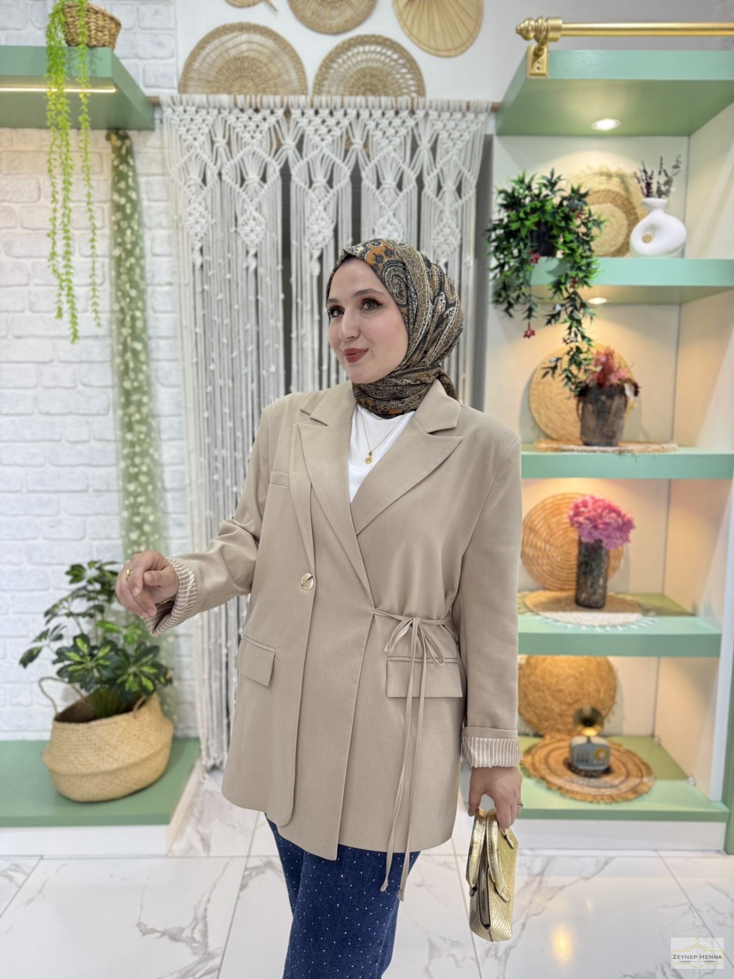 Bağlamalı Krem Blazer Ceket