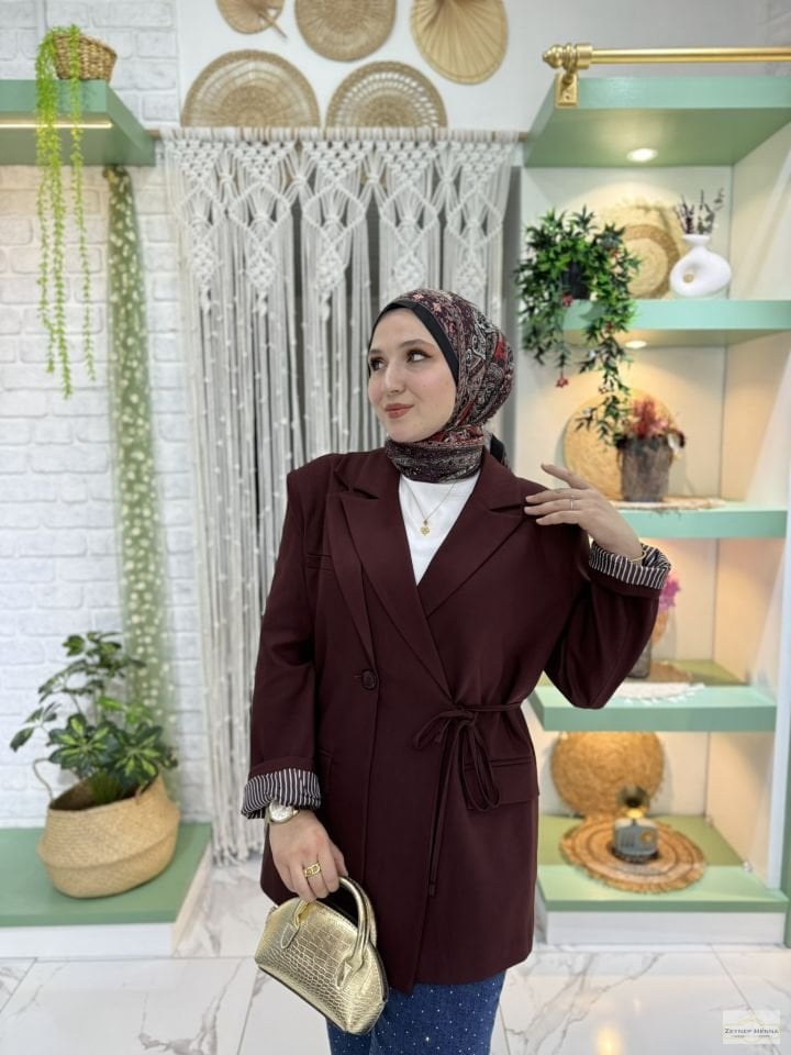 Bağlamalı Koyu Vişne Blazer Ceket