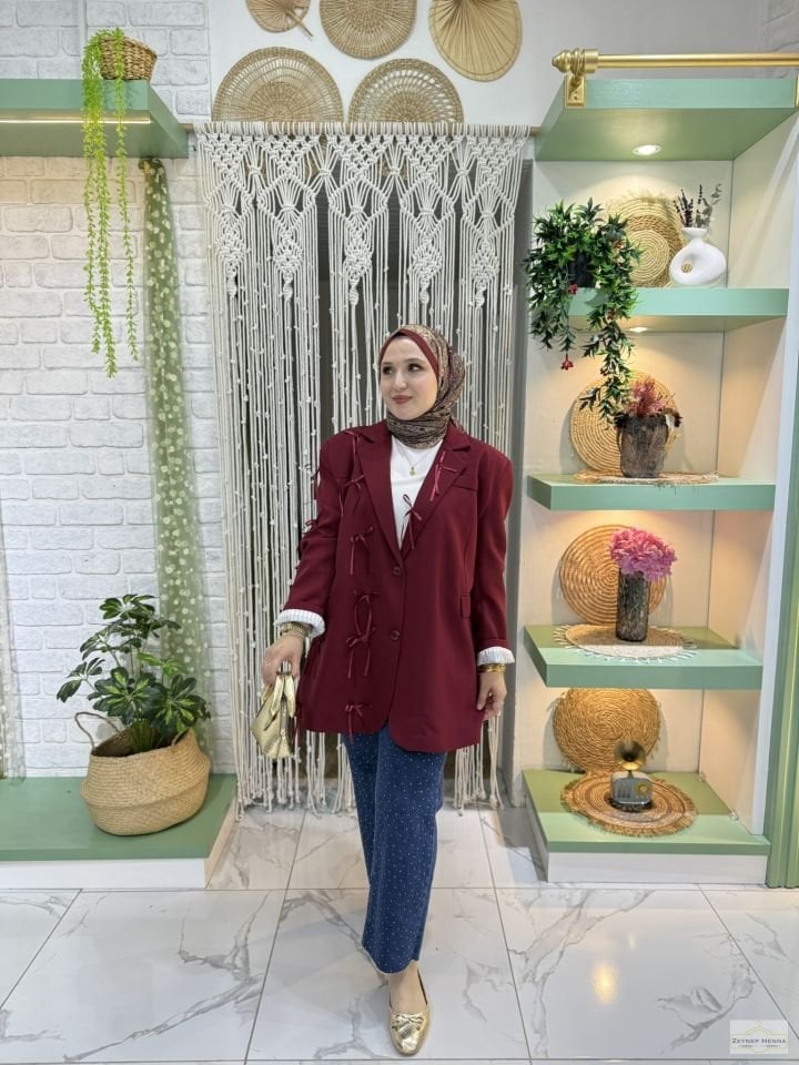 Fiyonklu Bordo Blazer Ceket