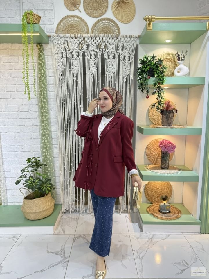 Fiyonklu Bordo Blazer Ceket