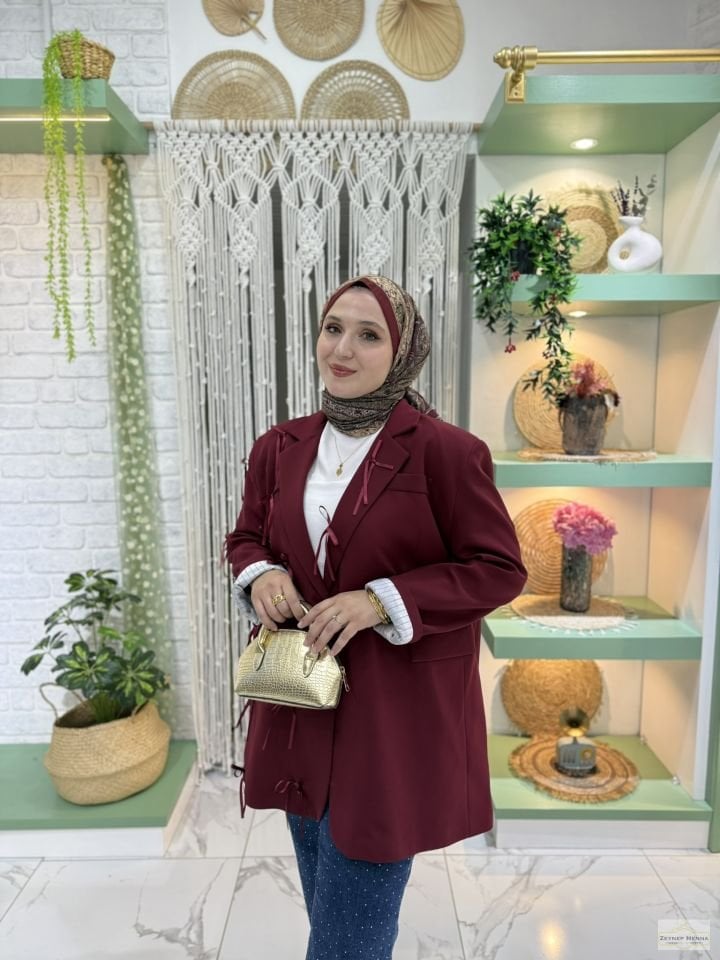 Fiyonklu Bordo Blazer Ceket
