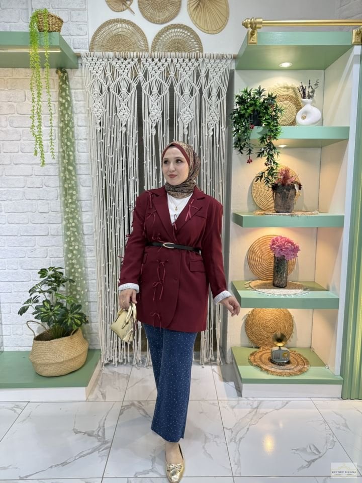 Fiyonklu Bordo Blazer Ceket