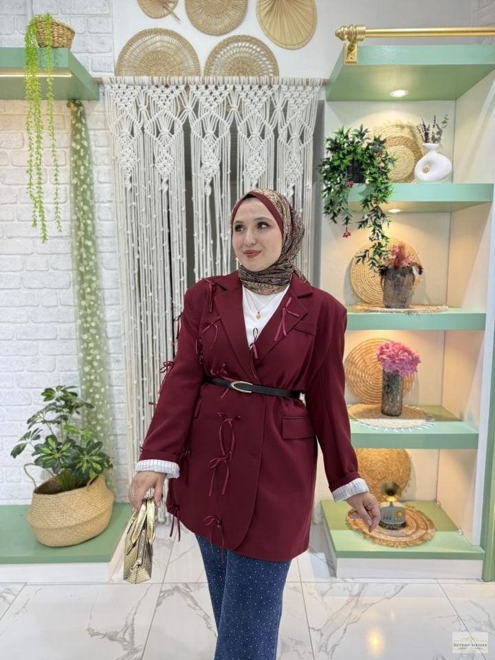 Fiyonklu Bordo Blazer Ceket