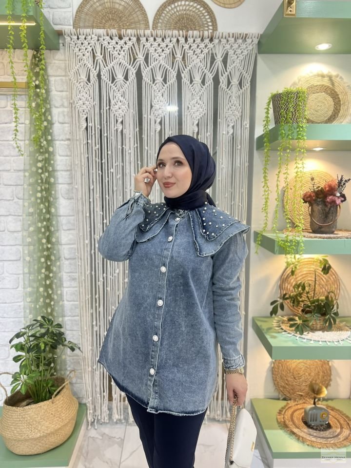 Taşlı Bebe Yaka Kot Gömlek