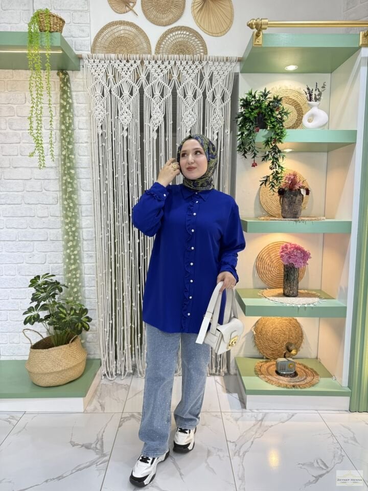 Fırfır Detaylı Saks Mavi Tunik