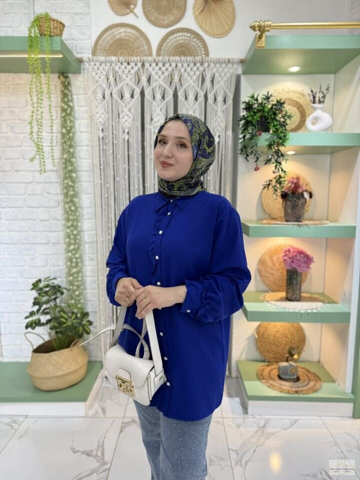 Fırfır Detaylı Saks Mavi Tunik