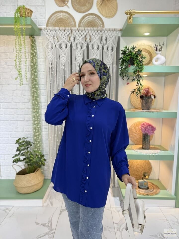 Fırfır Detaylı Saks Mavi Tunik