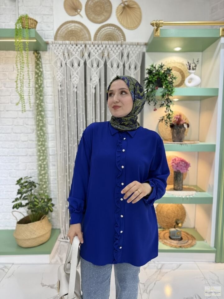 Fırfır Detaylı Saks Mavi Tunik