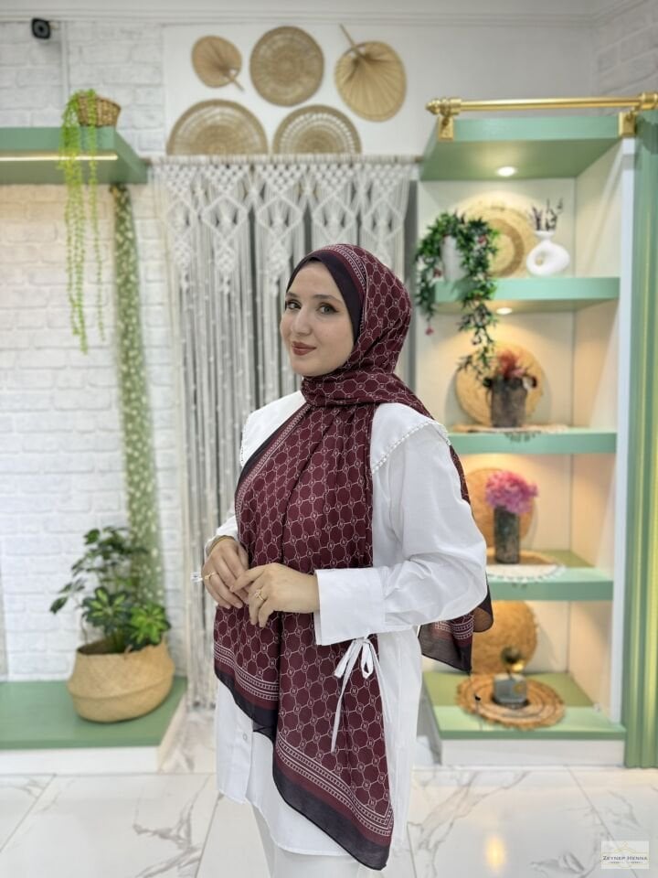 V Desen Bordo Pamuk Şal