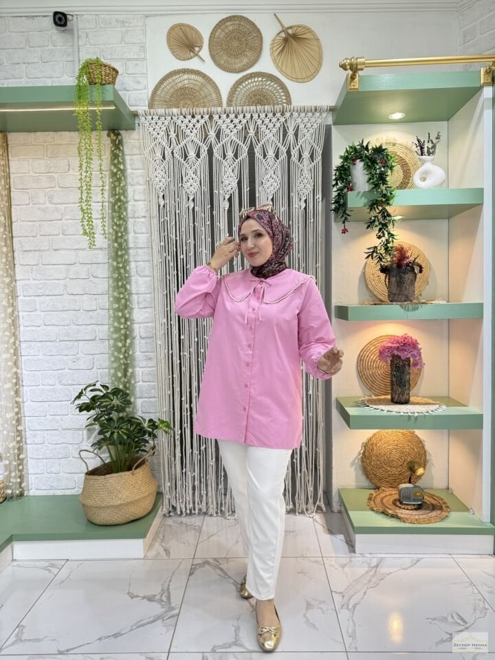 İnci Yaka Pembe Gömlek