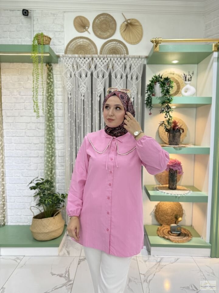 İnci Yaka Pembe Gömlek