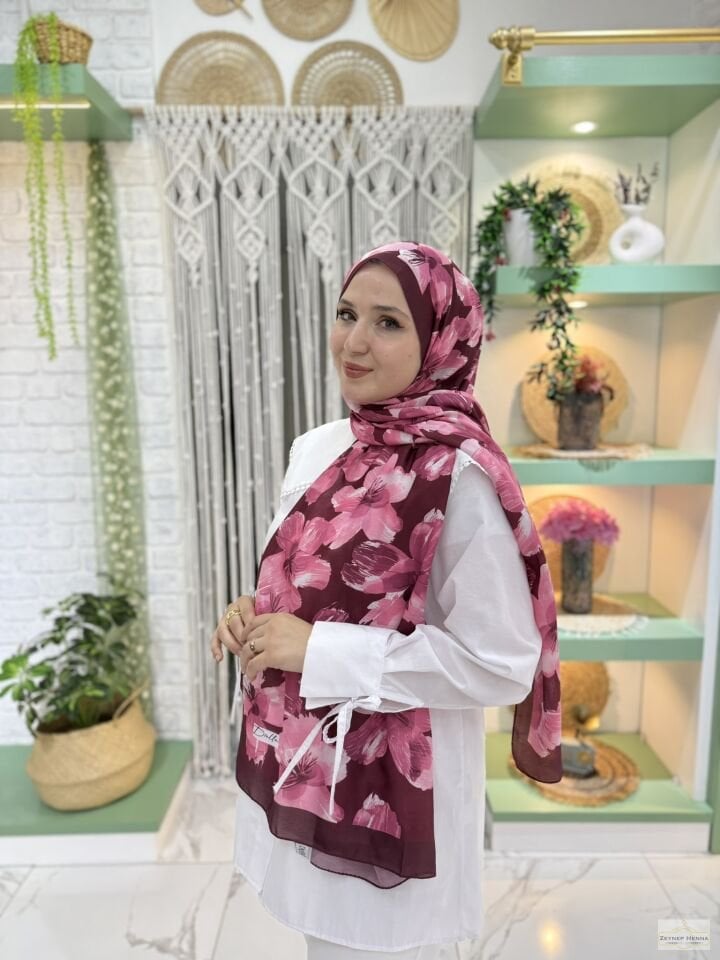Zambak Desen Mürdüm Pamuk Şal