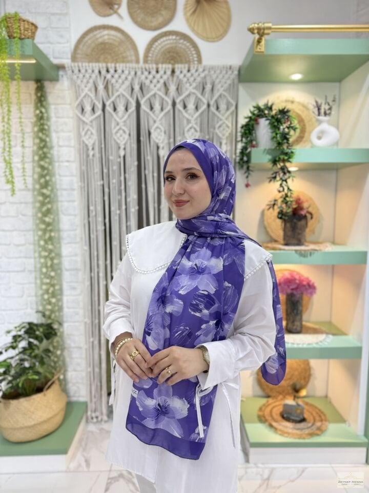 Zambak Desen Mor Pamuk Şal