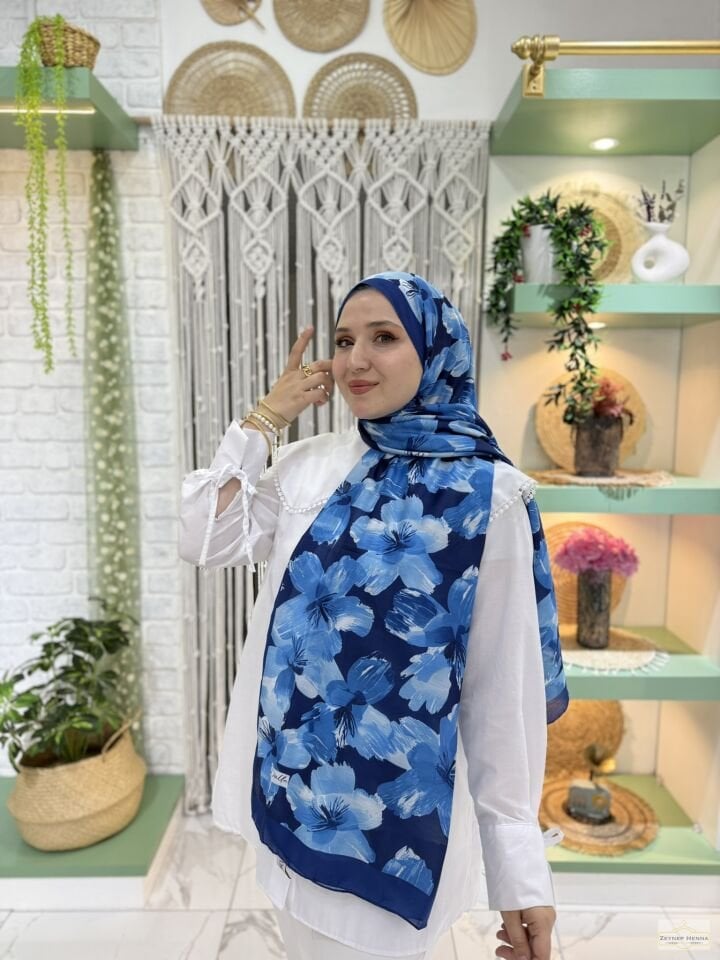 Zambak Desen Saks Mavi Pamuk Şal