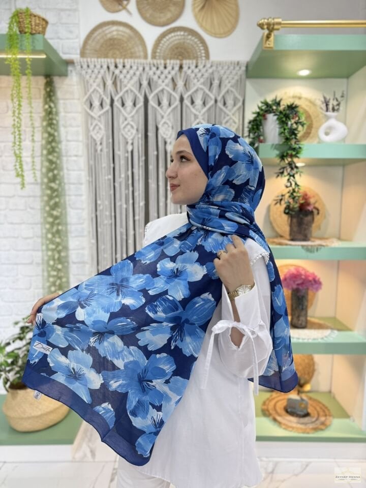 Zambak Desen Saks Mavi Pamuk Şal