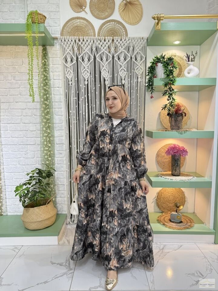 Fırça Desen Siyah Elbise