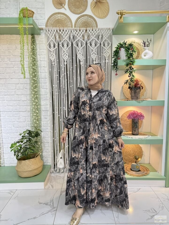 Fırça Desen Siyah Elbise