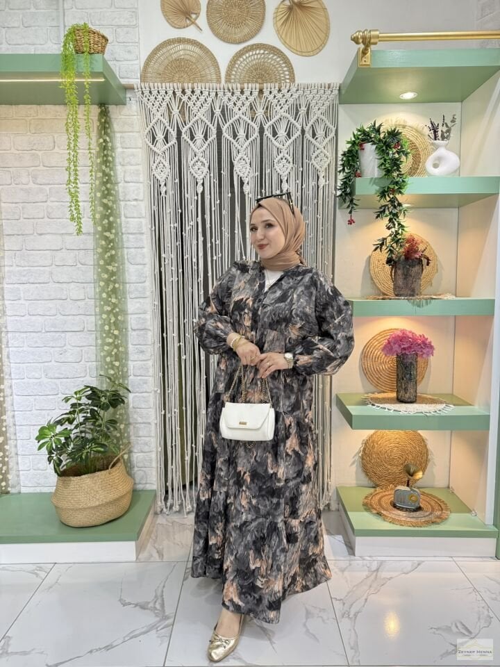 Fırça Desen Siyah Elbise