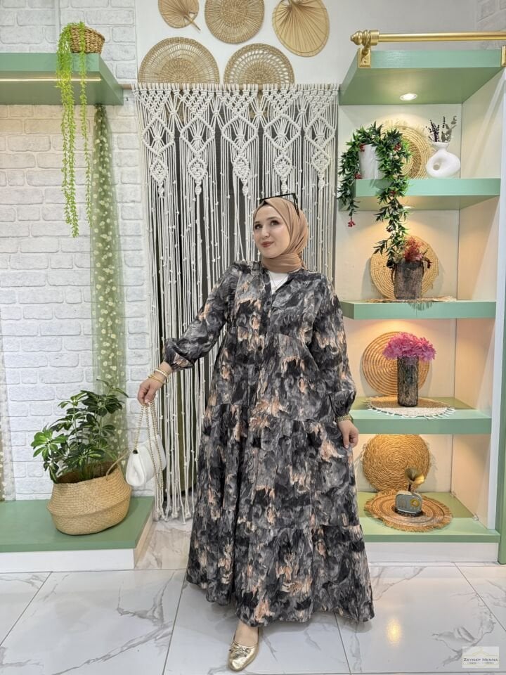 Fırça Desen Siyah Elbise